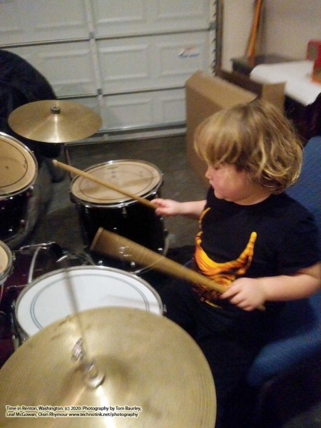 Cian playing the drums at the AirBnB in Renton, Washington. The Adventures of Sir Oisin Leif:  Saga 1 - Dual states at https://technotink.net/adventures/?page_id=2.  Photography on January 13, 2020 by Sir Oisin Leif, Thomas Baurley, Leaf McGowan, Technotink.net/photography  (c) 2020. All rights reserved.