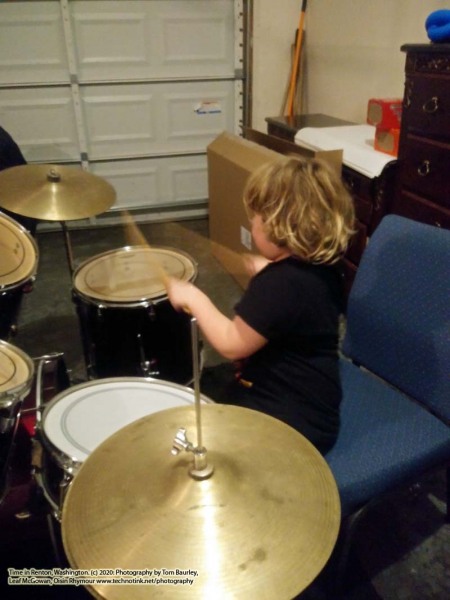 Cian playing the drums at the AirBnB in Renton, Washington. The Adventures of Sir Oisin Leif:  Saga 1 - Dual states at https://technotink.net/adventures/?page_id=2.  Photography on January 13, 2020 by Sir Oisin Leif, Thomas Baurley, Leaf McGowan, Technotink.net/photography  (c) 2020. All rights reserved.