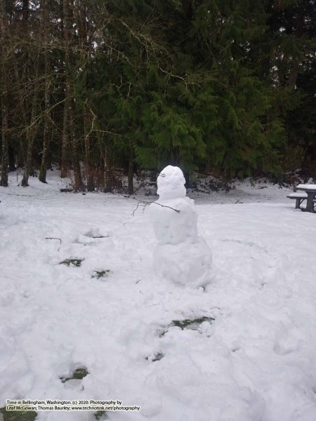 Saturday, January 18, 2020: Snow man at rest area outside of Bellingham, Washington. The Adventures of Sir Oisin Leif:  Saga 1 - Dual states at https://technotink.net/adventures/?page_id=2.  Photography by Sir Oisin Leif, Thomas Baurley, Leaf McGowan, Technotink.net/photography  (c) 2020. All rights reserved.