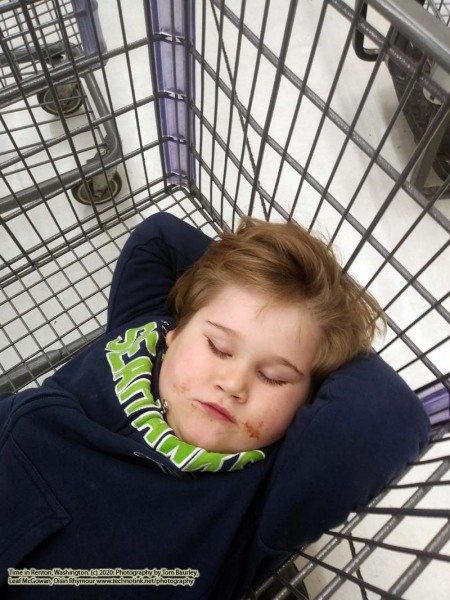 Sleeping in the cart at Winco: January 20, 2020: Renton, Washington. The Adventures of Sir Oisin Leif:  Saga 1 - Dual states at https://technotink.net/adventures/?page_id=2.  Photography by Sir Oisin Leif, Thomas Baurley, Leaf McGowan, Technotink.net/photography  (c) 2020. All rights reserved.