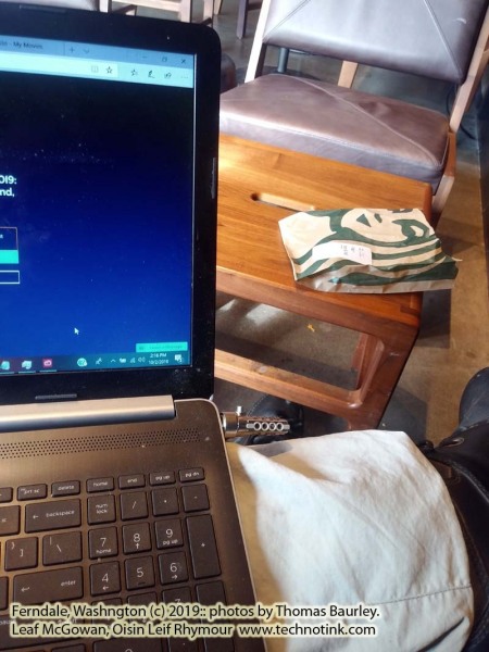Doing web development work at the Ferndale Starbucks. The adventures of Sir Oisin Leif and Prince Cian in Ferndale, Washington. Photos taken on October 2, 2019. (c) 2019: Photos by Thomas Baurley, Oisin Leif Rhymour, Leaf McGowan. Tales at www.technogypsie.net/chronicles/