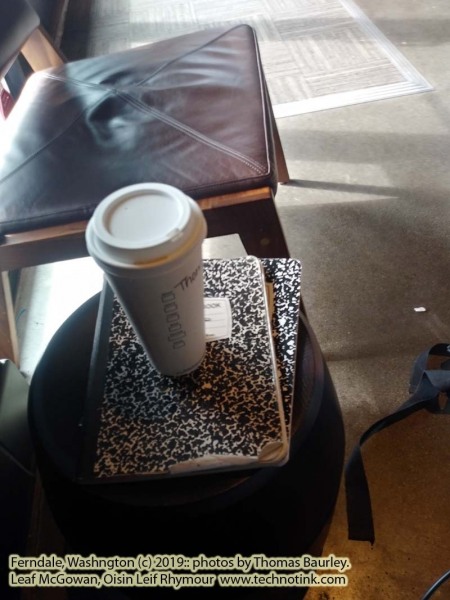 Doing web development work at the Ferndale Starbucks. The adventures of Sir Oisin Leif and Prince Cian in Ferndale, Washington. Photos taken on October 2, 2019. (c) 2019: Photos by Thomas Baurley, Oisin Leif Rhymour, Leaf McGowan. Tales at www.technogypsie.net/chronicles/