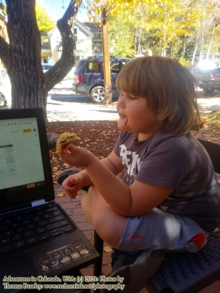 E-schooling/remote learning at starbucks, Breckenridge, Colorado. Exploring Breckenridge, Colorado: September 30, 2020. The Adventures of Sir Oisin Leif: https://technotink.net/adventures/?p=3015  Saga 1 - Dual states at https://technotink.net/adventures/?page_id=2.  Photography by Sir Oisin Leif, Thomas Baurley, Leaf McGowan, Technotink.net/photography  (c) 2020. All rights reserved.