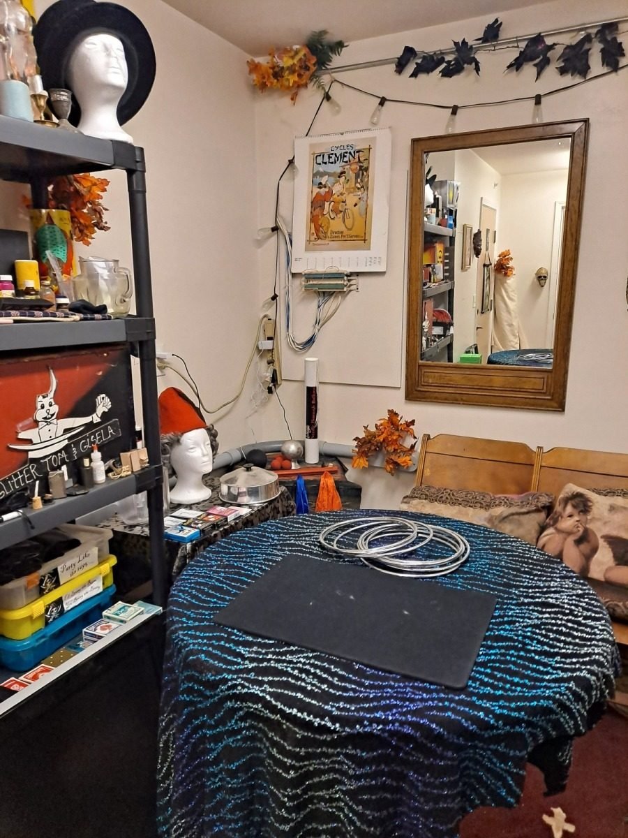 Magic studio table with cards and props