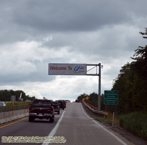 Welcome to Ohio - Driving through Ohio - Travels on the Great American Walkabout 2013 - enrout from South Carolina North to New York, and West to Oregon - Friday, June 5, 2013.   Photography (c) 2013 Thomas Baurley, Eadaoin Bineid, Leaf McGowan, Technogypsie Productions. www.technogypsie.com/photography/.  To follow the stories and tales visit http://www.technogypsie.com/reviews/ and http://www.technogypsie.com/chronicles/
