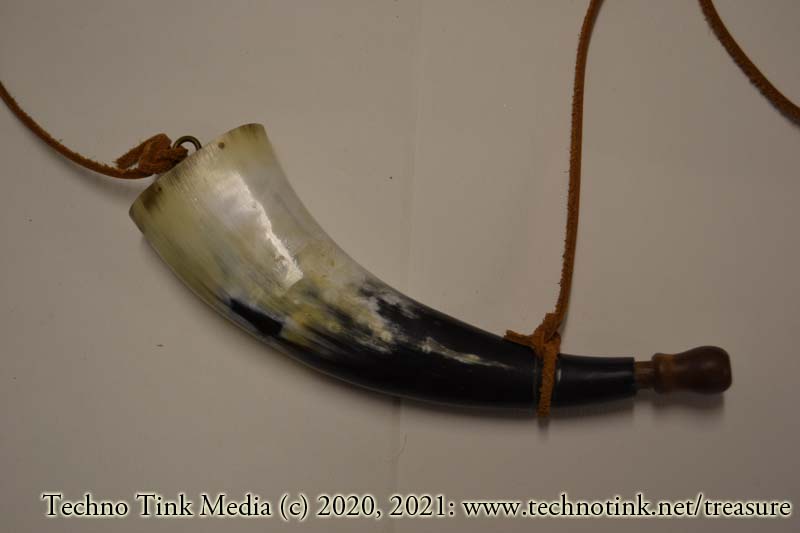 Pirate Gun Powder Horn, Polished and carved - White, black, tan coloring.