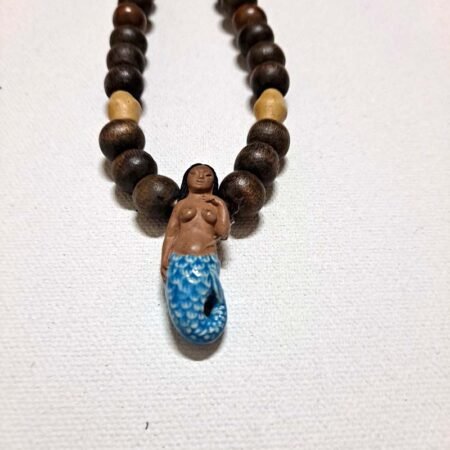 Hand-made Half wood beaded necklace with Dark haired mermaid