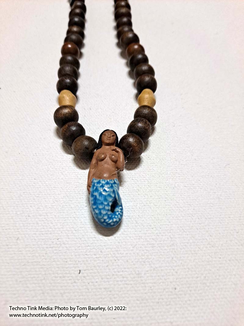 Hand-made Half wood beaded necklace with Dark haired mermaid