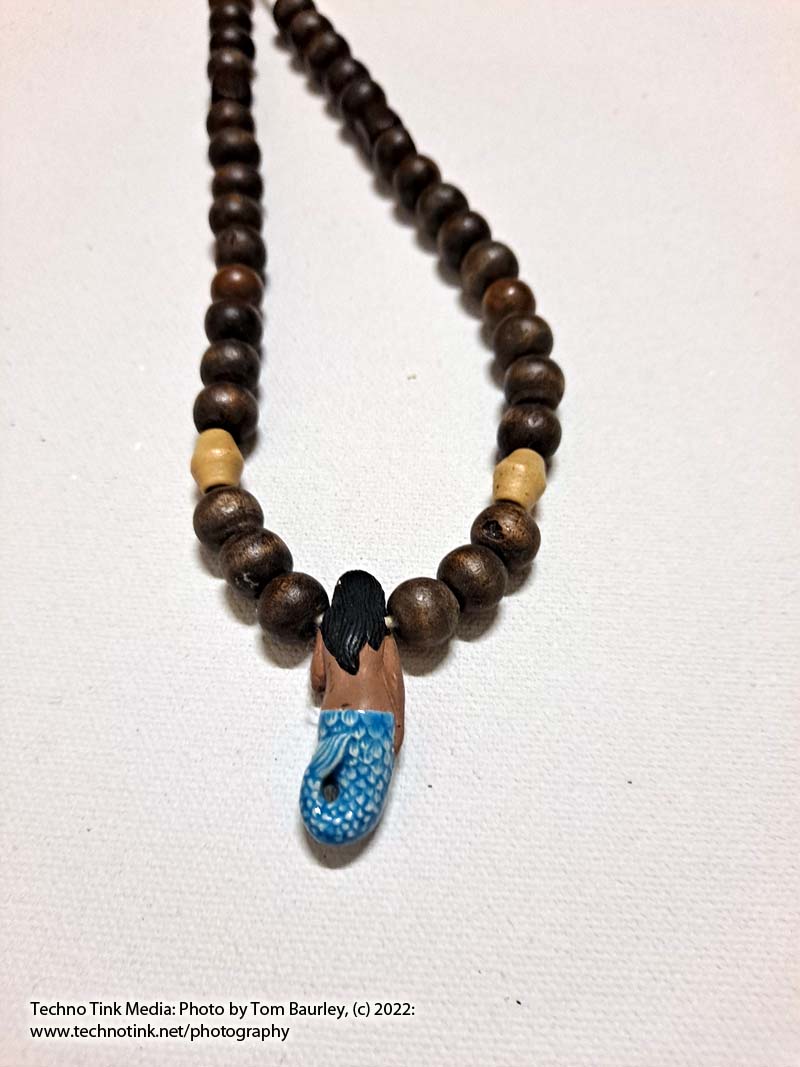 Hand-made Half wood beaded necklace with Dark haired mermaid - Image 5