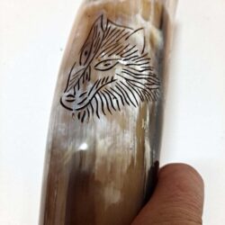 Large Tan White Wolf Head Carved Viking Drinking Horn
