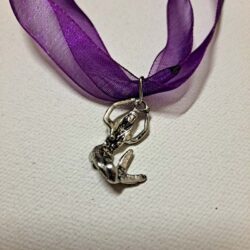 Small Silver Colored Pewter Seated Mermaid with Ribbon Necklace