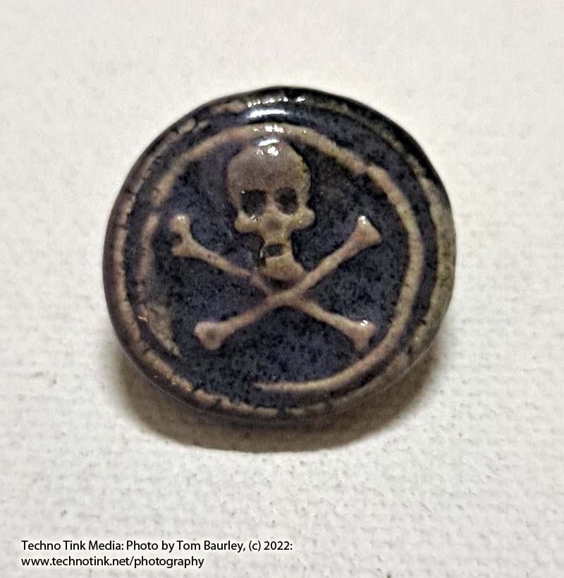 Blue tan Jolly Roger Clay Button
