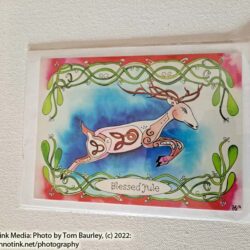 Blessed Yule Leaping Deer with Mistletoe art card by Jill Sattler