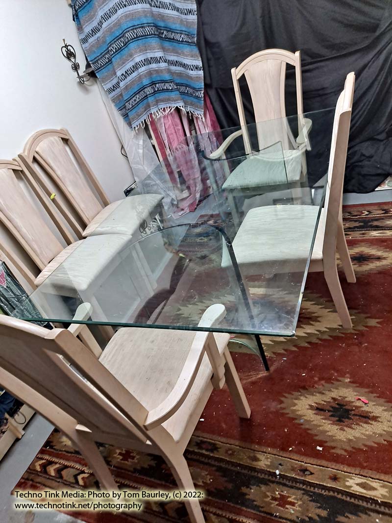 Solid Glass Dining Room Table (Large 72" x 42" ) and Five 43" x 21" ivory/beige Chairs - Image 2