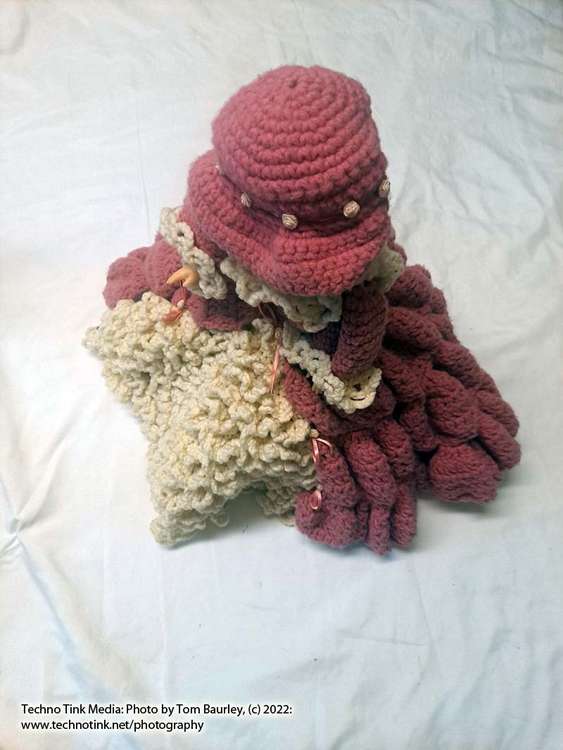 Vintage Blonde White Bed Doll Handmade Pink White Crochet Ruffle Dress Hat Shelf Sitter - Image 2