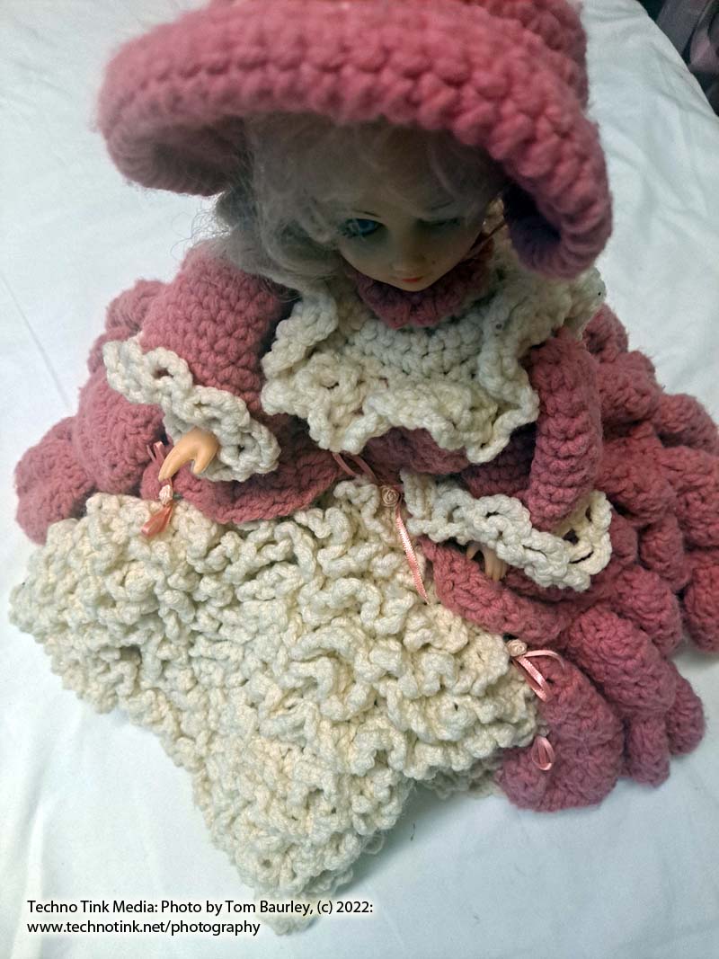 Vintage Blonde White Bed Doll Handmade Pink White Crochet Ruffle Dress Hat Shelf Sitter - Image 3