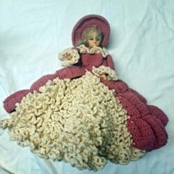 Vintage Blonde White Bed Doll Handmade Pink White Crochet Ruffle Dress Hat Shelf Sitter