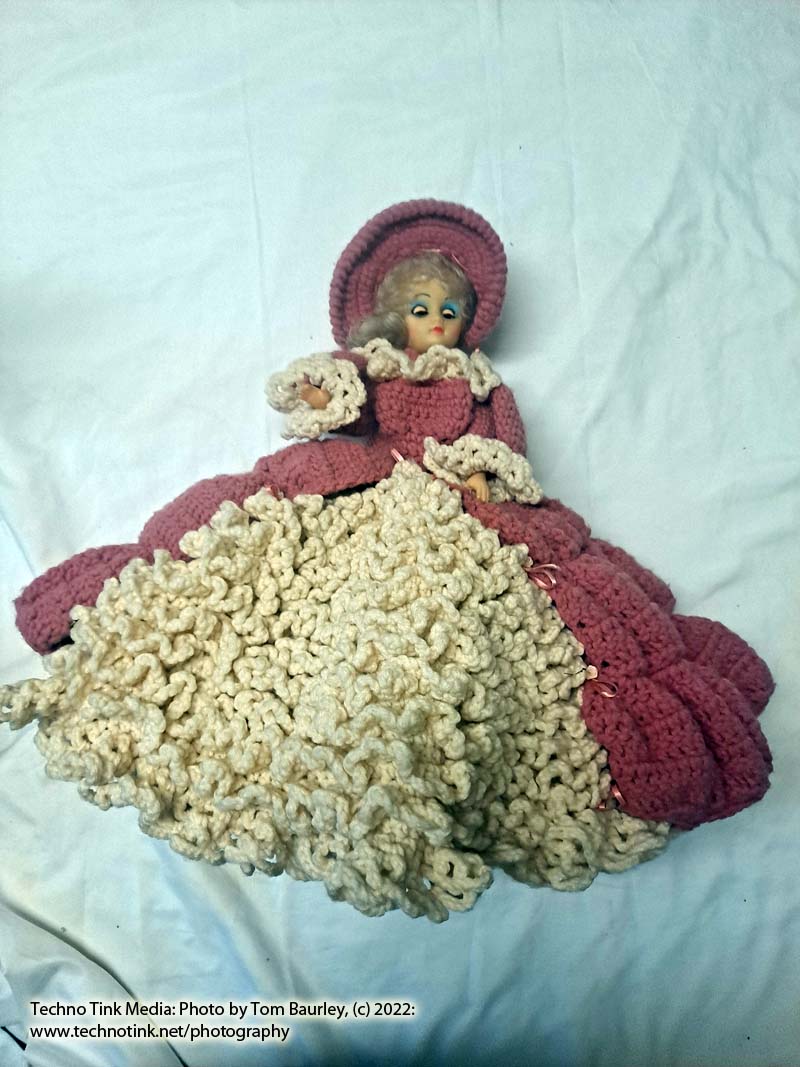 Vintage Blonde White Bed Doll Handmade Pink White Crochet Ruffle Dress Hat Shelf Sitter