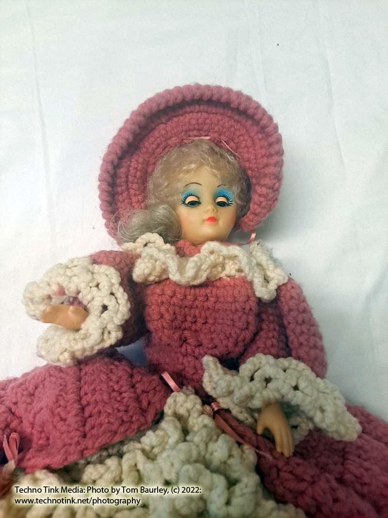 Vintage Blonde White Bed Doll Handmade Pink White Crochet Ruffle Dress Hat Shelf Sitter - Image 5
