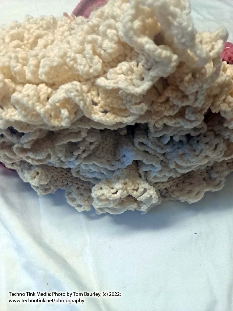 Vintage Blonde White Bed Doll Handmade Pink White Crochet Ruffle Dress Hat Shelf Sitter - Image 6