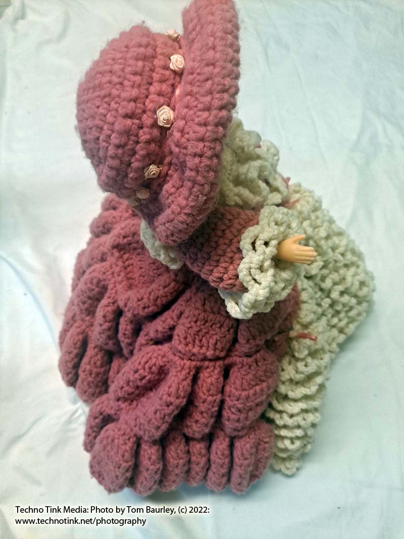 Vintage Blonde White Bed Doll Handmade Pink White Crochet Ruffle Dress Hat Shelf Sitter - Image 7