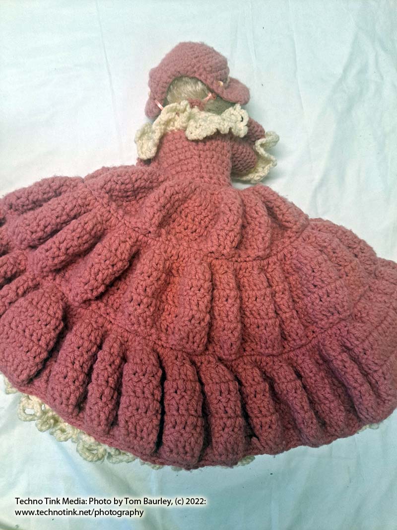 Vintage Blonde White Bed Doll Handmade Pink White Crochet Ruffle Dress Hat Shelf Sitter - Image 9