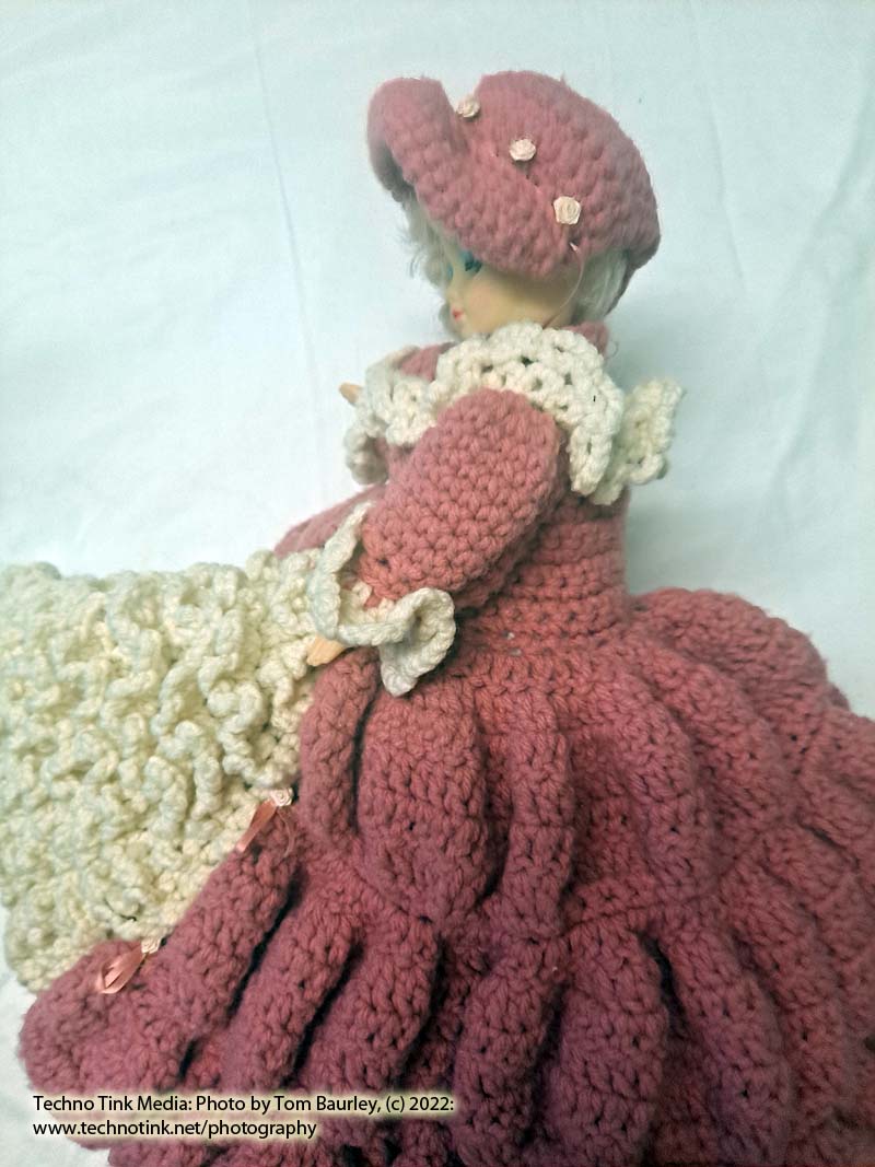 Vintage Blonde White Bed Doll Handmade Pink White Crochet Ruffle Dress Hat Shelf Sitter - Image 10
