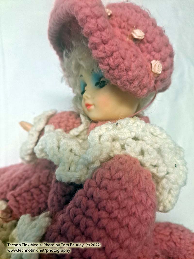 Vintage Blonde White Bed Doll Handmade Pink White Crochet Ruffle Dress Hat Shelf Sitter - Image 11