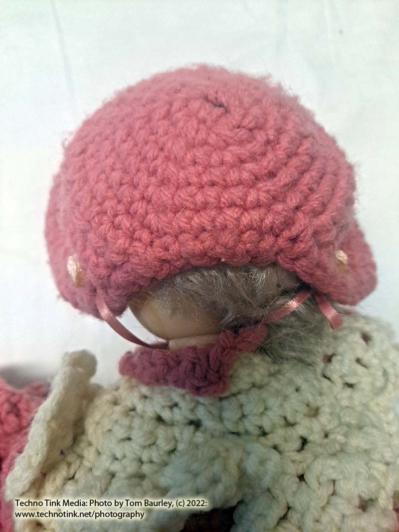 Vintage Blonde White Bed Doll Handmade Pink White Crochet Ruffle Dress Hat Shelf Sitter - Image 14