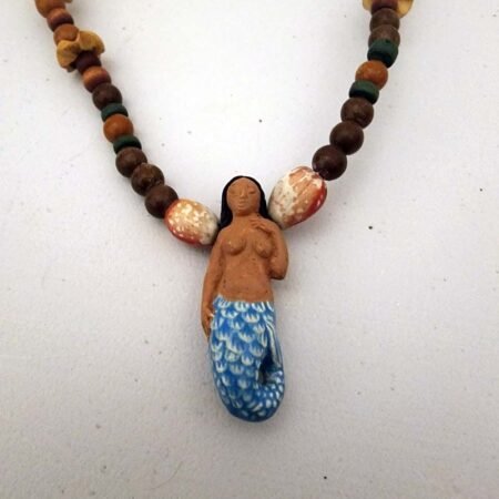 Hand-made Full wood beaded wire necklace with Dark haired mermaid