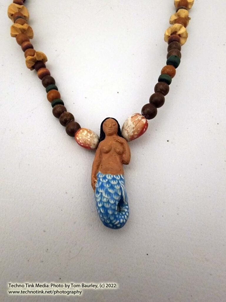 Hand-made Full wood beaded wire necklace with Dark haired mermaid