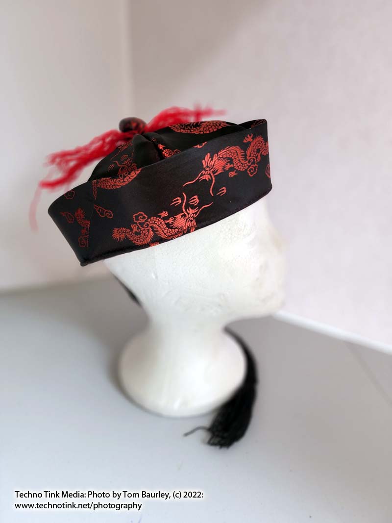 Red and Black Dragon insignia Chinese Hat with Fold and Red Yarn, Black Hair Tail - Image 8