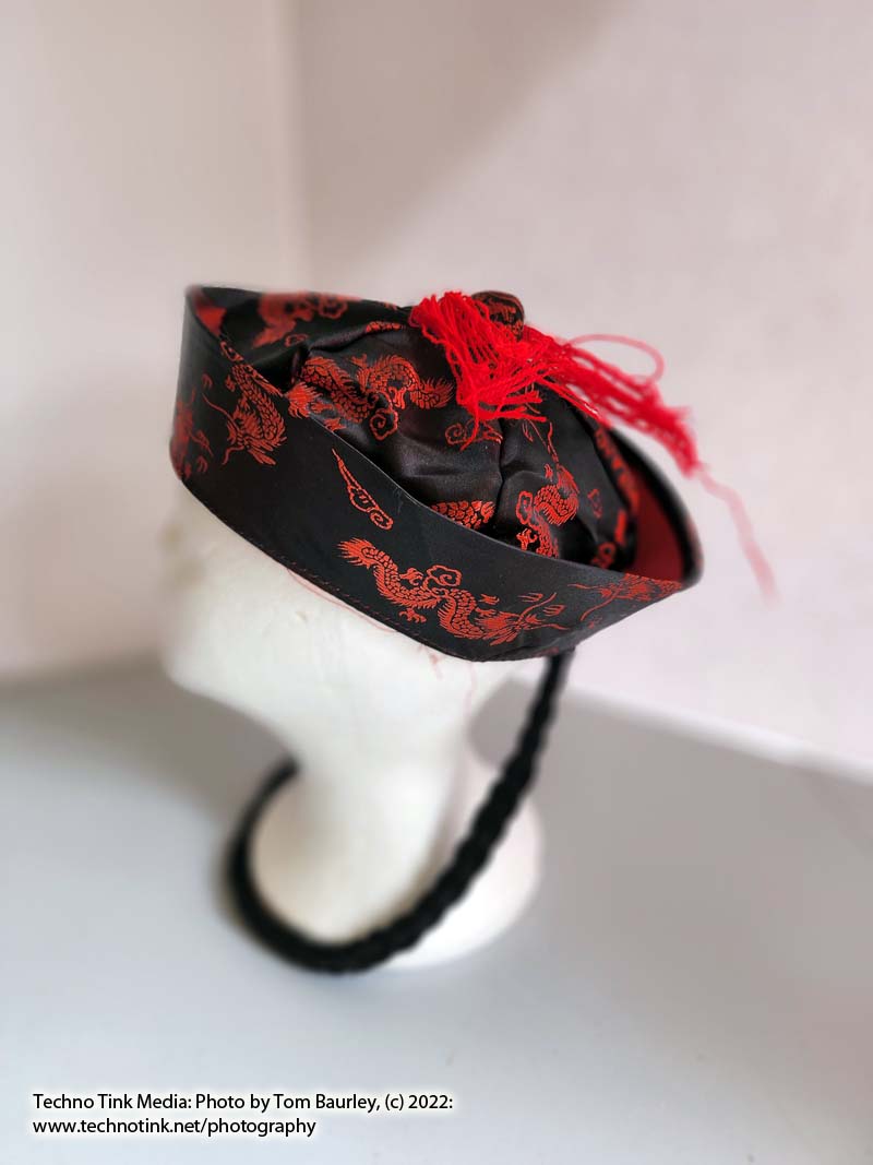 Red and Black Dragon insignia Chinese Hat with Fold and Red Yarn, Black Hair Tail - Image 10