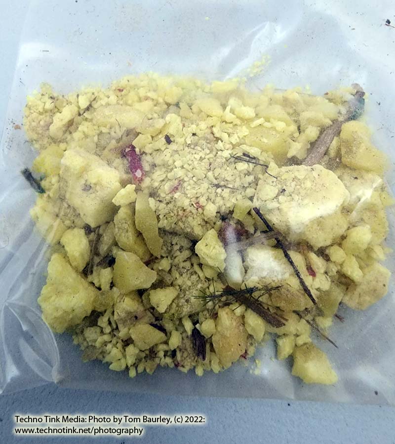 small bag of broken sulphur crystal fragments and dust, .9 oz