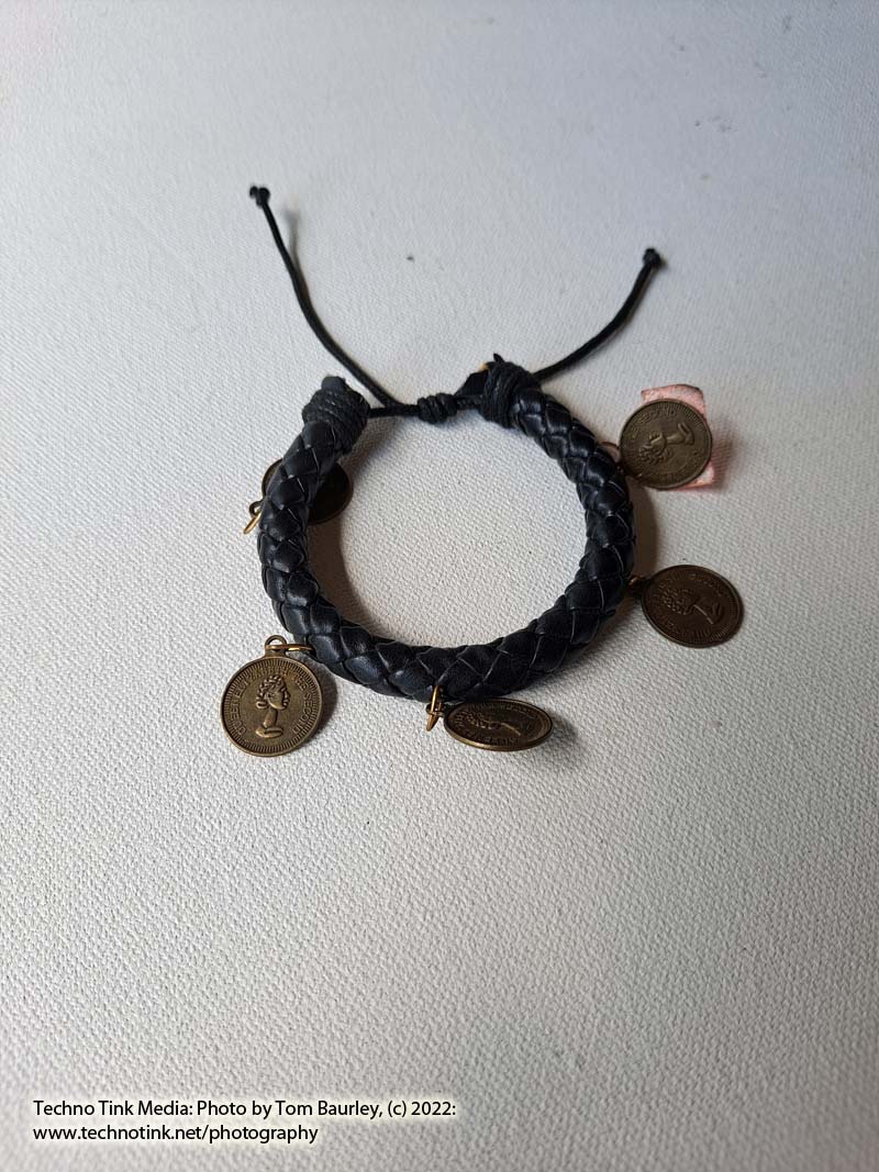 Woven black leather adjustable bracelet with 5 dangling coin charms - Image 2