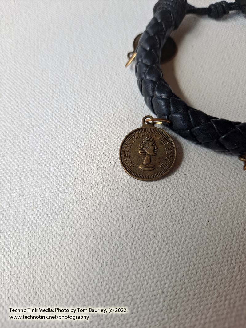 Woven black leather adjustable bracelet with 5 dangling coin charms - Image 3