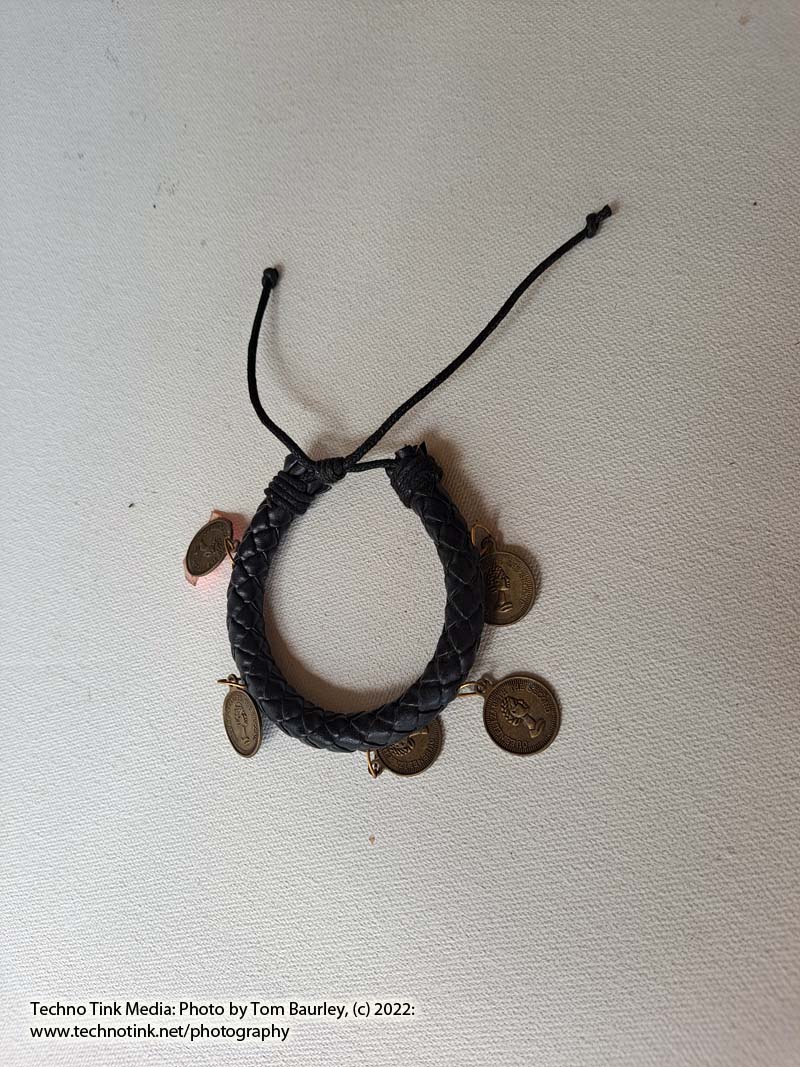 Woven black leather adjustable bracelet with 5 dangling coin charms - Image 5
