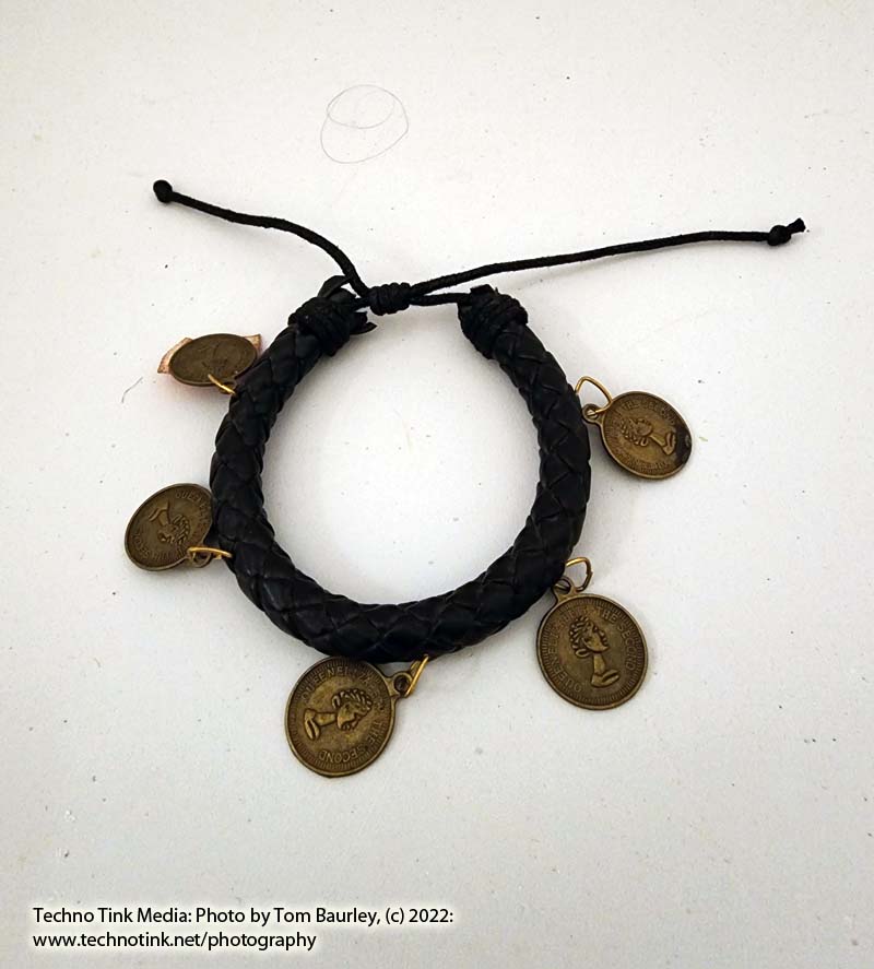 Woven black leather adjustable bracelet with 5 dangling coin charms - Image 6