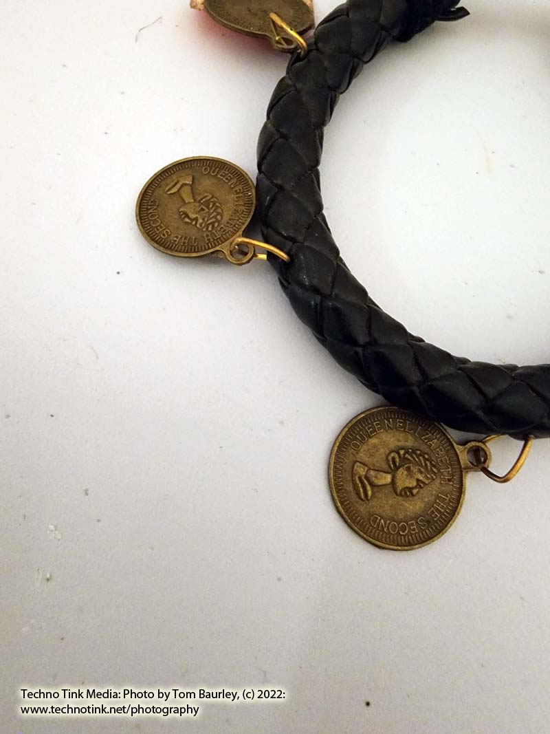 Woven black leather adjustable bracelet with 5 dangling coin charms - Image 8
