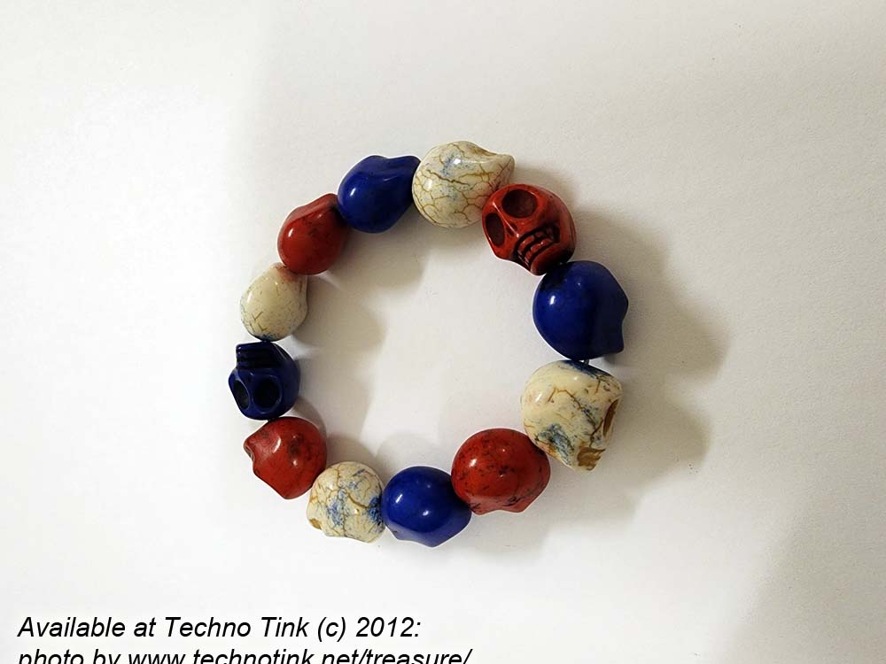 Large Red White Blue Magnesite Skull Bead Bracelet Elastic