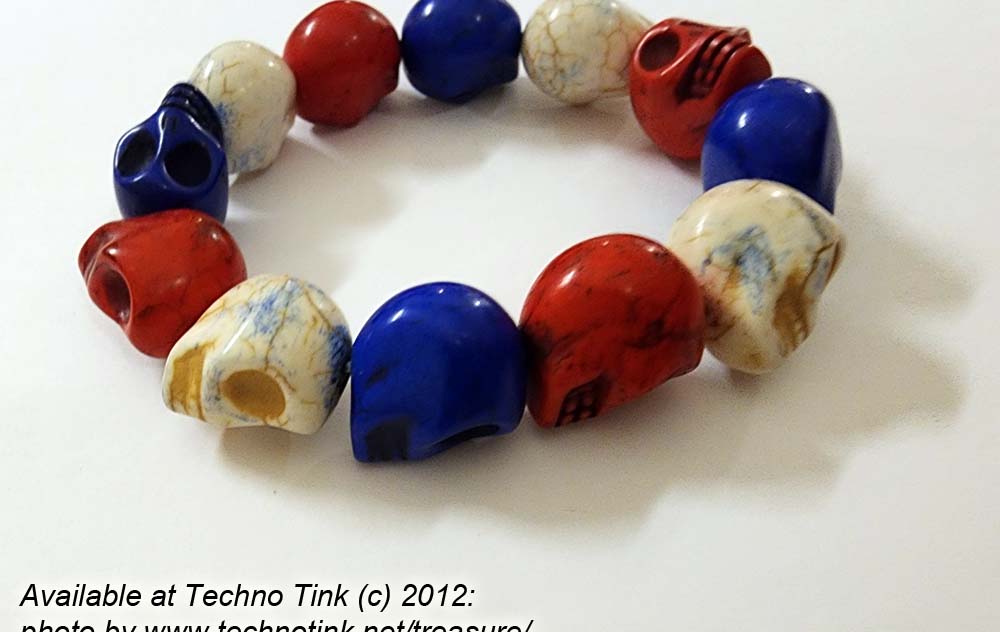 Large Red White Blue Magnesite Skull Bead Bracelet Elastic - Image 4