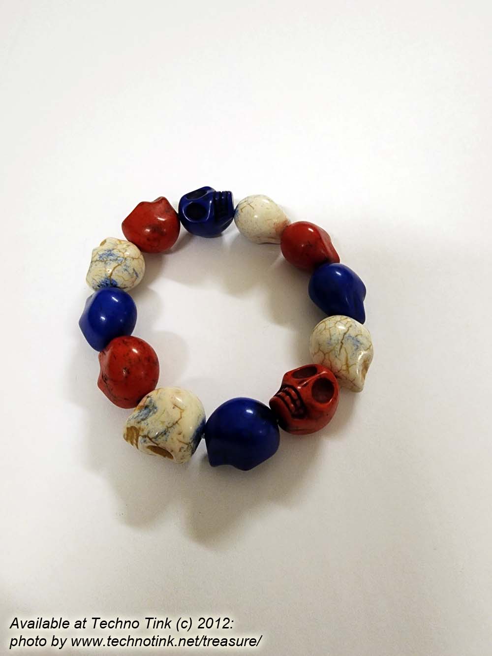 Large Red White Blue Magnesite Skull Bead Bracelet Elastic - Image 5