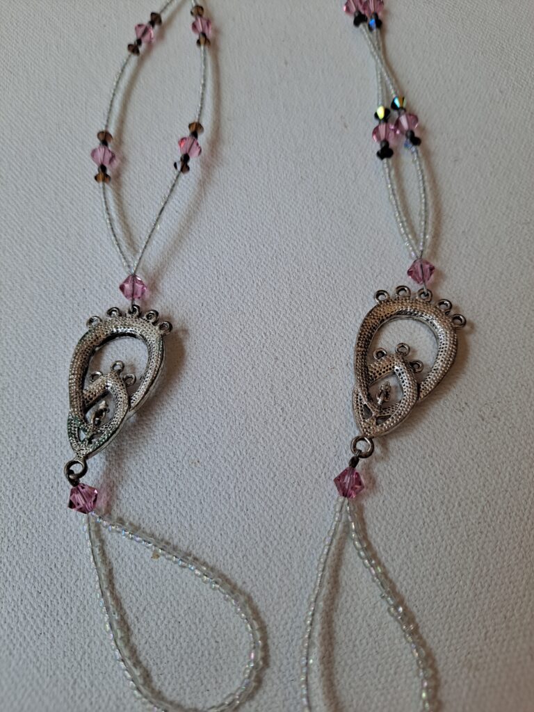 1 Pink and white faux crystal beaded Oval and Triangle Charm Necklace & Footlace