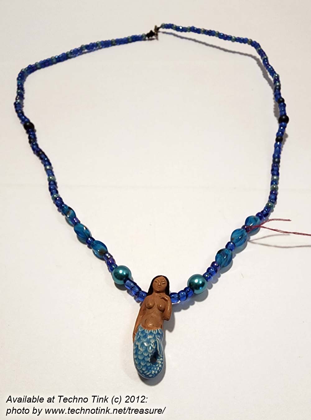 Black-haired dark skin Mermaid Clay Pendant on bright blue ball beaded necklace - Image 6