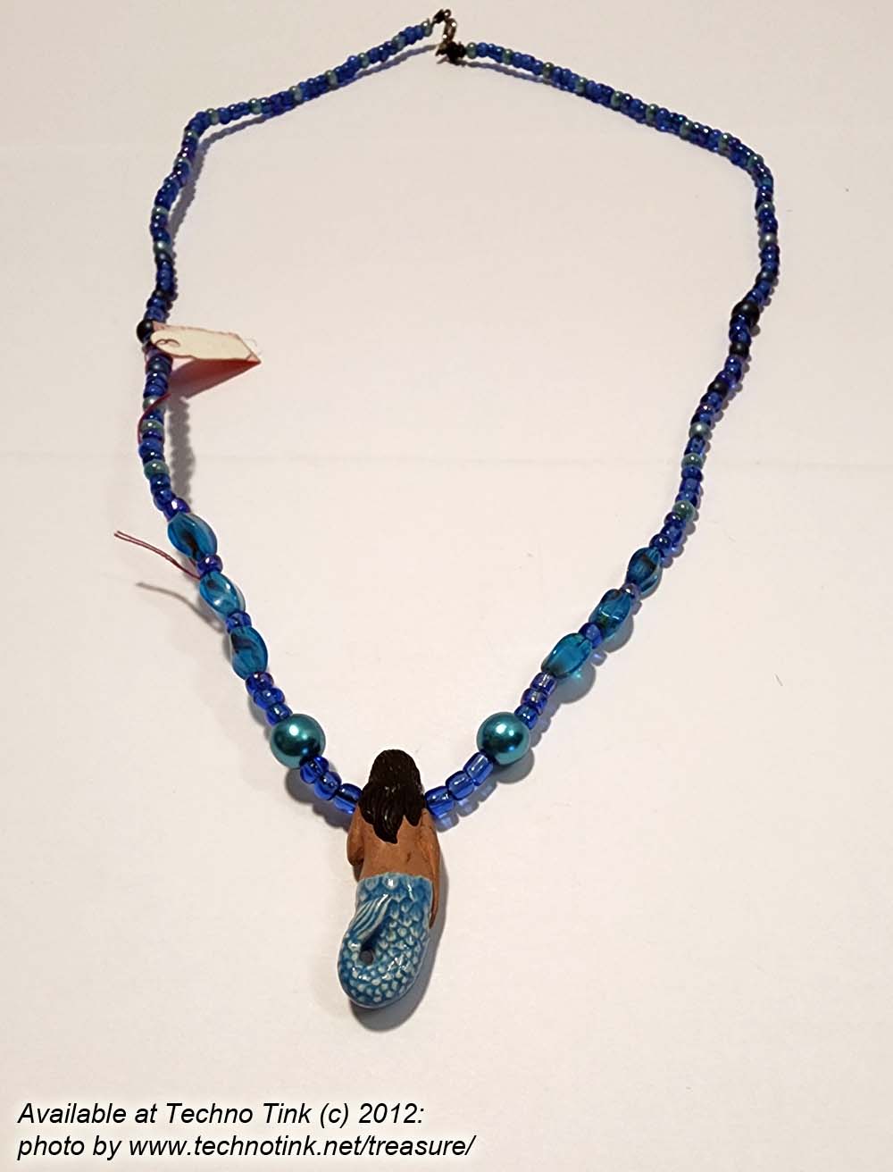 Black-haired dark skin Mermaid Clay Pendant on bright blue ball beaded necklace - Image 12