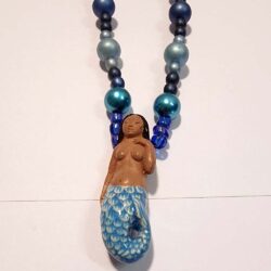 Black-haired dark skin Mermaid Clay Pendant on earth-tone dull blue ball beaded knecklace