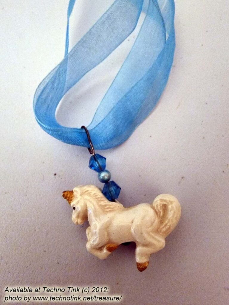 Blue Ribbon Choker with Glazed white Ceramic Unicorn Charm