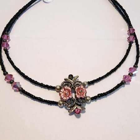 1 Double strand pink and black beaded dual-rose center piece choker