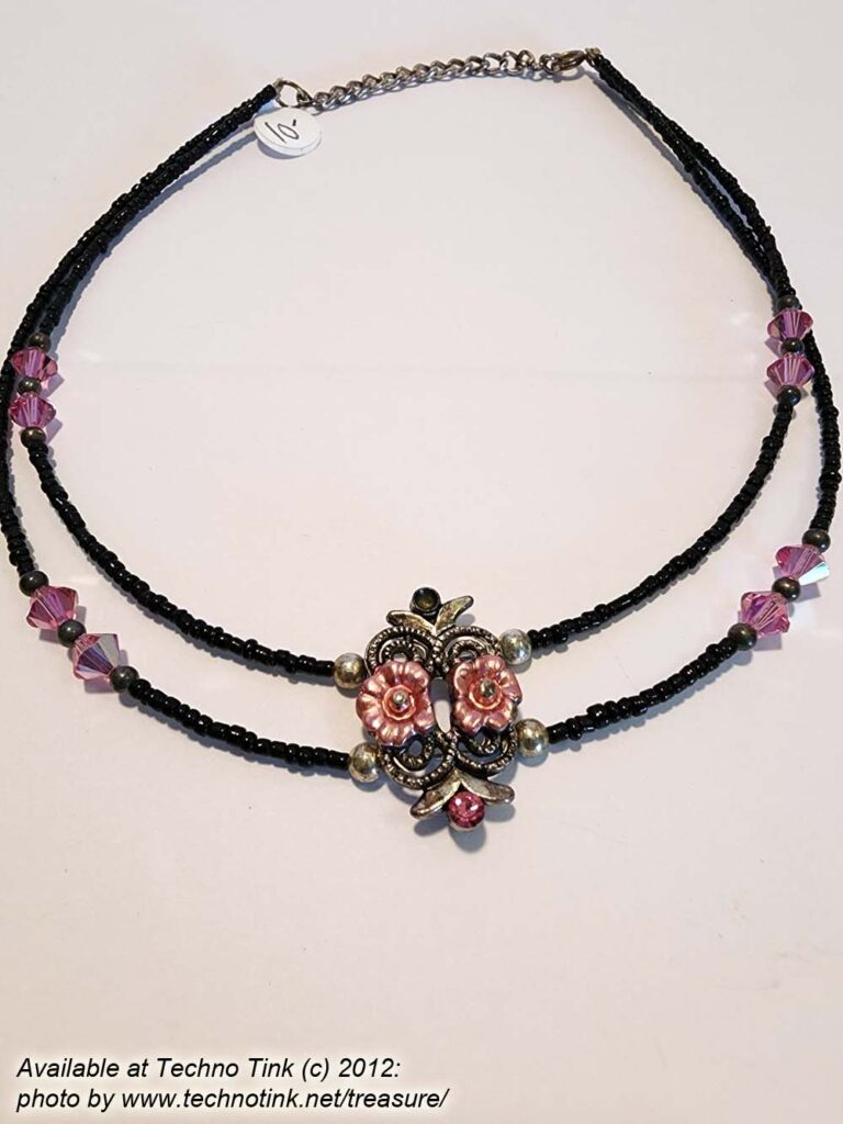 1 Double strand pink and black beaded dual-rose center piece choker
