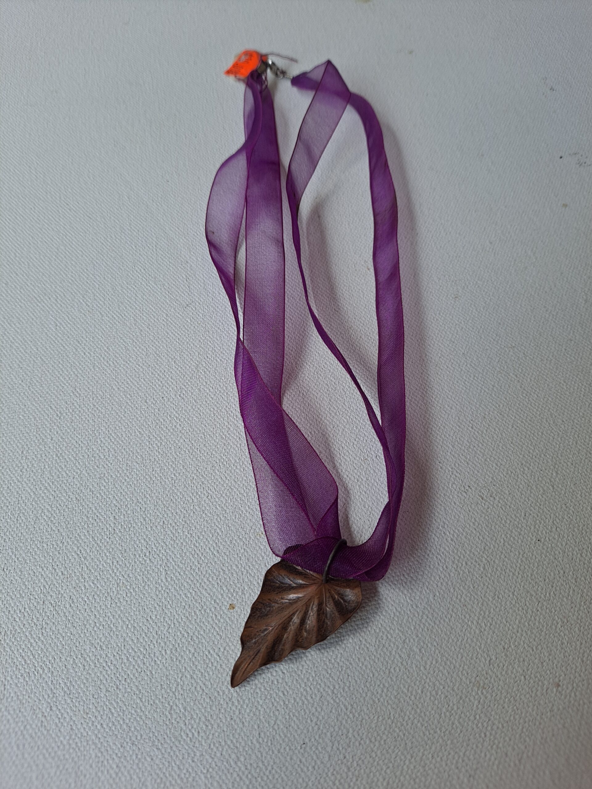 Bronze colored Leaf Pendant on Purple Ribbon Choker - Image 2